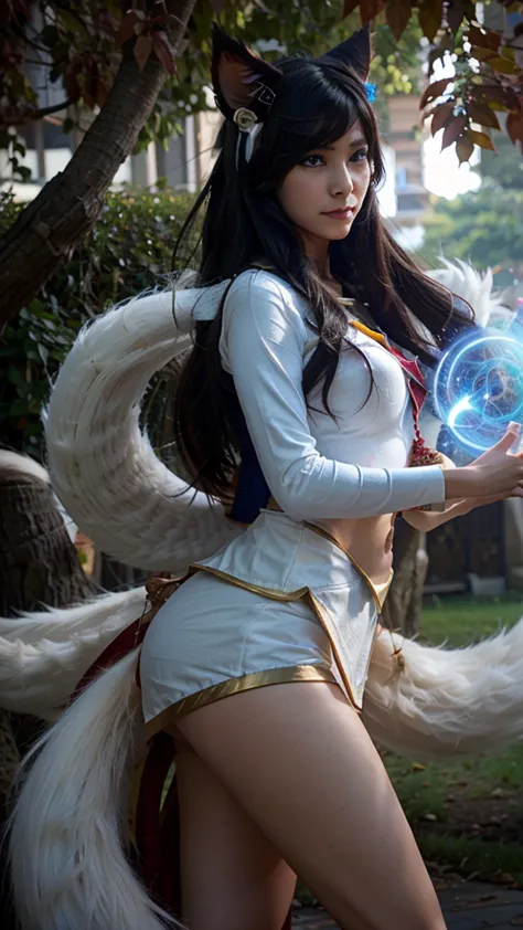 Ahri, 9 massive white tails, detailed fluffy tails