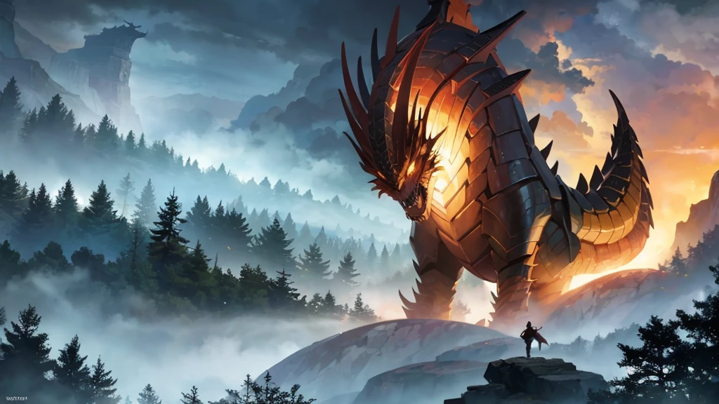 1 boy riding a chinese dragon in a dense pine forest, detailed facial features, short and muscular build, stormy cloudy sky, cinematic lighting, fantasy art