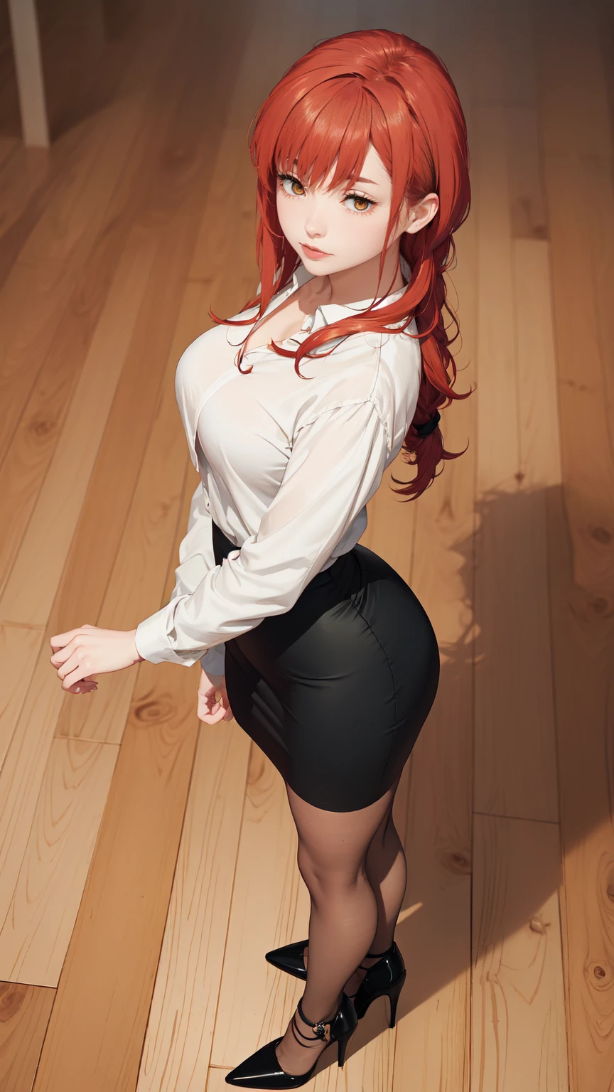 ((masterpiece, Best Quality, high resolution, Perfect Pixel, 8K))), 1 girl、medium thighs、 ((Red gorgeous hair))、(( Beautiful eyelashes、Realistic eyes))、 ((Detailed face, Blushing))、((Smooth texture:0.75, Realistic texture:0.65, Photorealistic:1.1, Anime CG style))、(Wearing White Shirt、pencil skirt、Indigo Pantyhose、stiletto pumps、standing、Sexy legs、Wooden Background)、Perfect realistic representation of face、seducing look at viewer、medium breasts、beautiful portrait、very High quality、ultra high definition、 insanely detailed face、ultra high quality、ultra high clarity、best quality)、beautiful curvious body、best image quality、best clarity、 highest resolution、8k resolution、ultra high resolution、seductive、dynamic lightning、shiny skin、bokeh:1.2、Full body shot、professional photograph