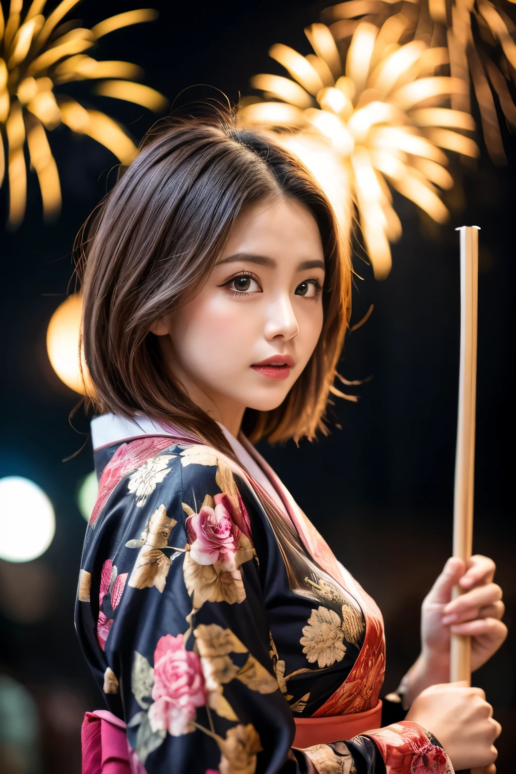 (((masterpiece))), (((Highest quality: 1.4))), ((Very detailed: 1.4)) , Urzan-6500-v1.1, (RAW Photos:1.2), (Realistic), (Genuine:1.4), Sharp focus、Shooting from the side、One Girl, Beautiful and perfect face, One-Length Bob Cut, Japanese Clothing,kimono, 豪華なkimono、Beautiful long-sleeved kimono、dazzling、Intricate details, Cinematic atmosphere, 8k, Very detailed, Sharp eyes、Background fireworks