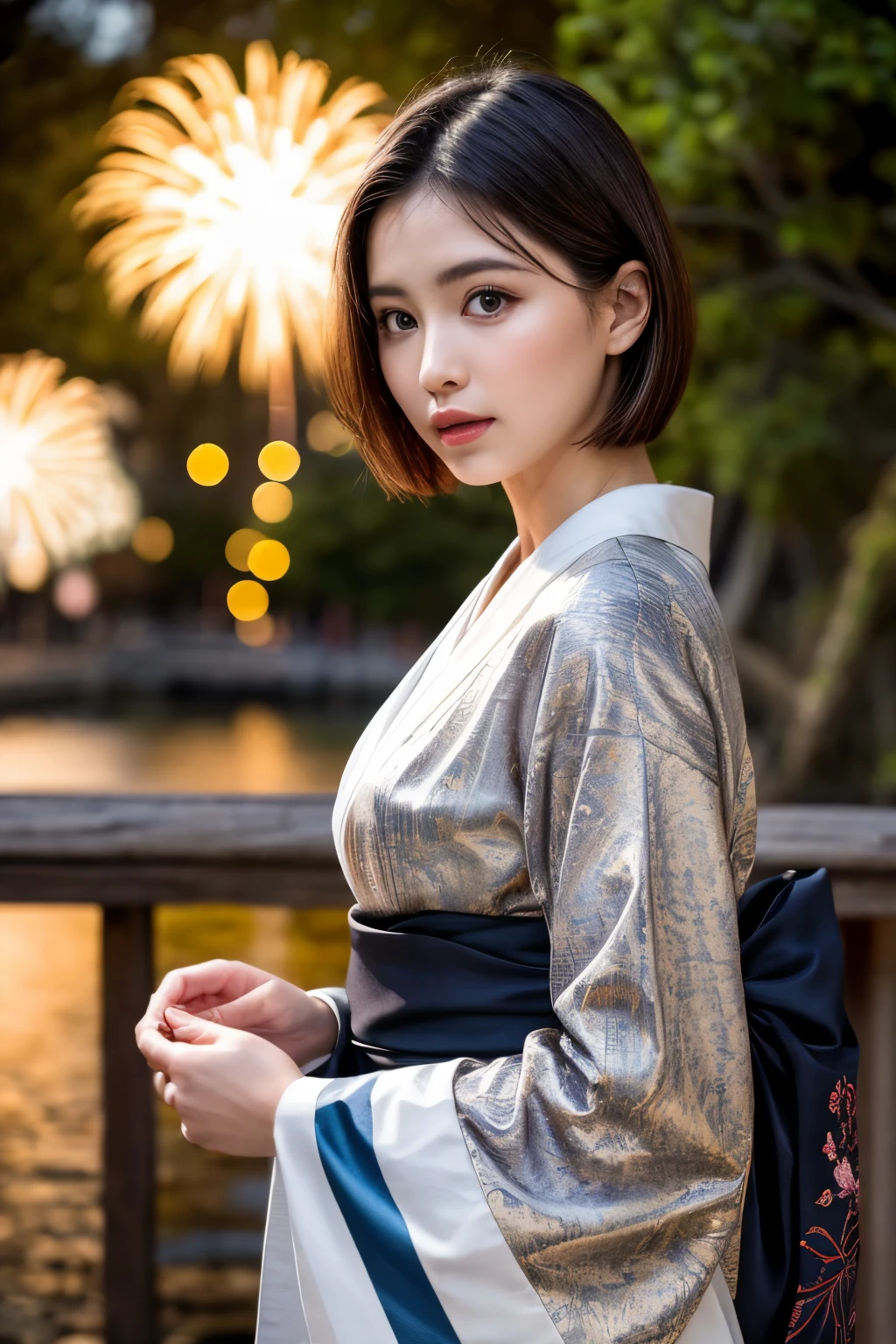 (((masterpiece))), (((Highest quality: 1.4))), ((Very detailed: 1.4)) , Urzan-6500-v1.1, (RAW Photos:1.2), (Realistic), (Genuine:1.4), Sharp focus、Shooting from the side、One Girl, Beautiful and perfect face, One-Length Bob Cut, Japanese Clothing,kimono, 豪華なkimono、Beautiful long-sleeved kimono、dazzling、Intricate details, Cinematic atmosphere, 8k, Very detailed, Sharp eyes、Background fireworks