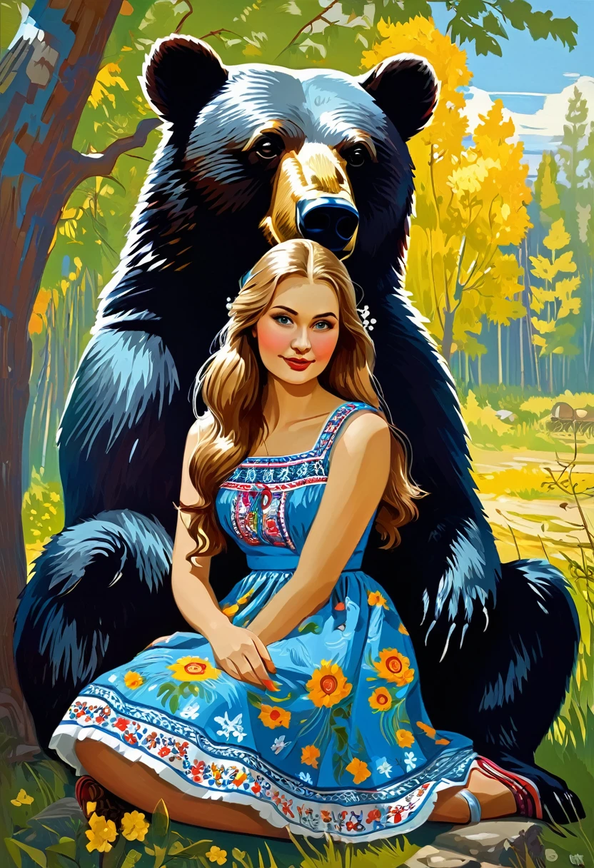 beautiful girl in a sundress sitting on a bear, Slavic!!!! Igor Grabar, Maxim Sukharev, , in the style of Stanislav Vovchuk, traditional Russia, Russian style, Slavic folk tale, based on Alexander Deineka, Sergei Vasnev, Mikhail Lebedev, pinup art