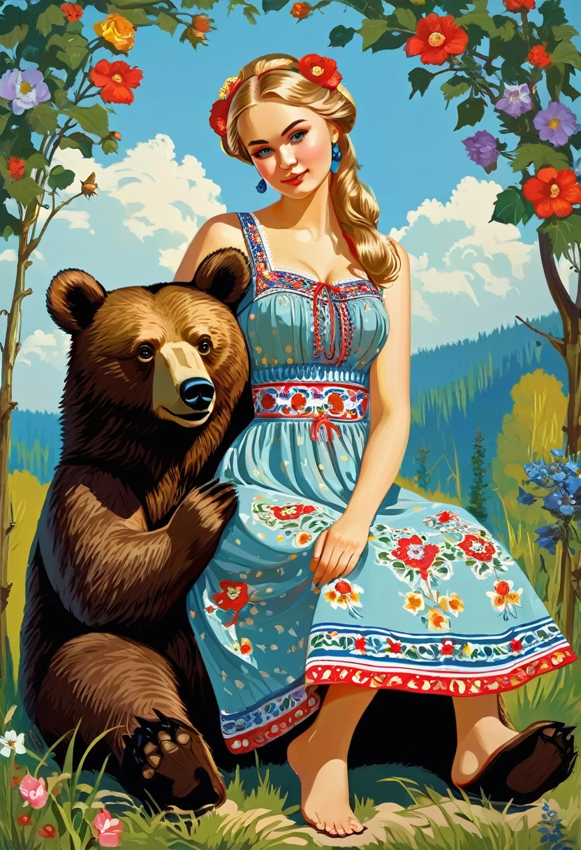 linda garota de vestido de verão sentada em um urso, eslavo!!!! Igor Grabar, Maxim Sukharev, , no estilo de Stanislav Vovchuk, Rússia tradicional, Estilo russo, eslavo folk tale, baseado em Alexander Deineka, Sergei Vasnev, Mikhail Lebedev, arte pin-up