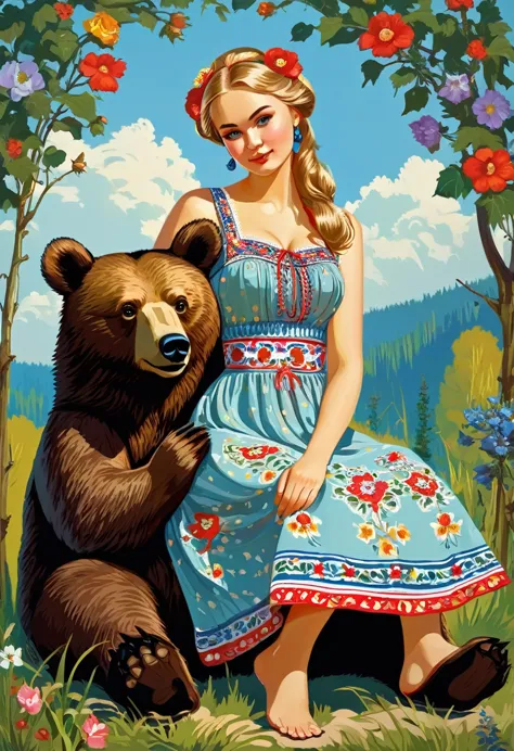 beautiful girl in a sundress sitting on a bear, Slavic!!!! Igor Grabar, Maxim Sukharev, , in the style of Stanislav Vovchuk, tra...