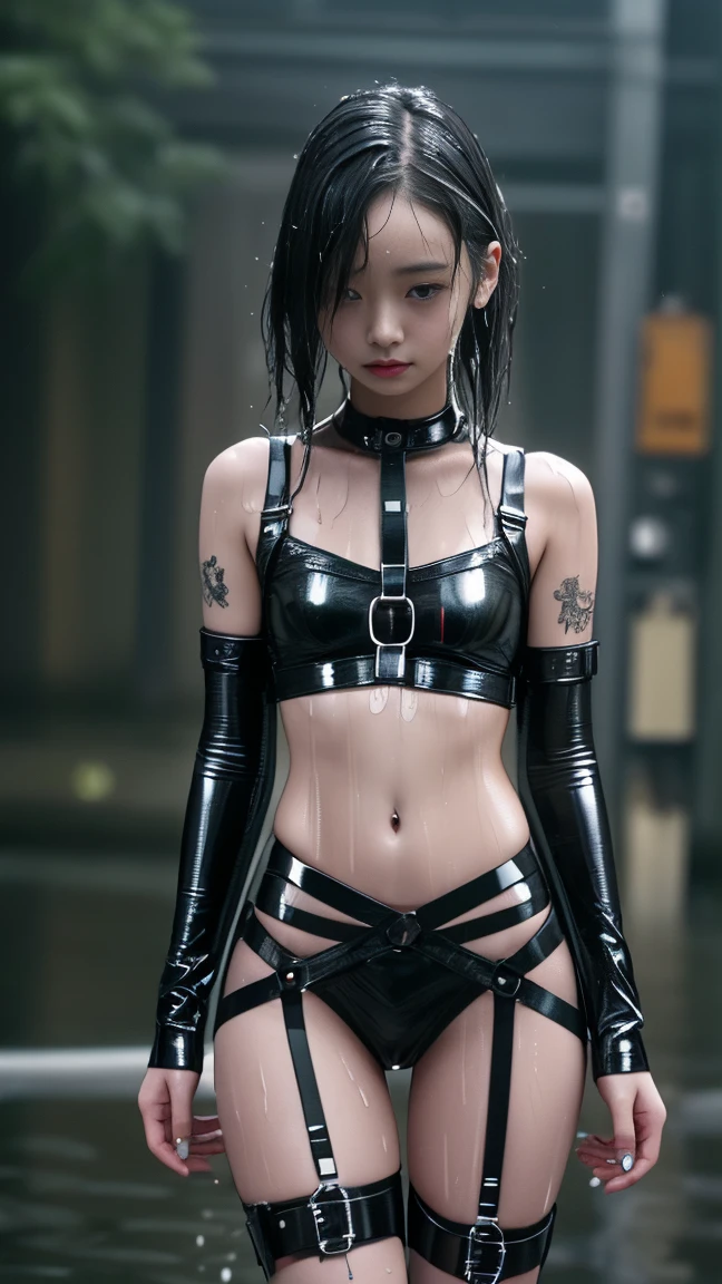 (young skinny gothic punk girl, slender girl, ((top quality, 8k, masterpiece: 1.3)), crisp focus: 1.2, (beautiful skinny  girl: 1.4), (skinny abdomen: 1.2), (big head), (small waist: 1.4), (thigh gap: 1.6), (small hip: 1.6):1.2), ((layer cut: 1.2)), highly detailed face and skin texture, detailed eyes, ponytail hairstyle, (BDSM, slave, black tight shiny latex harness, buckles, wet skin, (exposed navel:1.2):1.4), (crying:1.4), (full length)