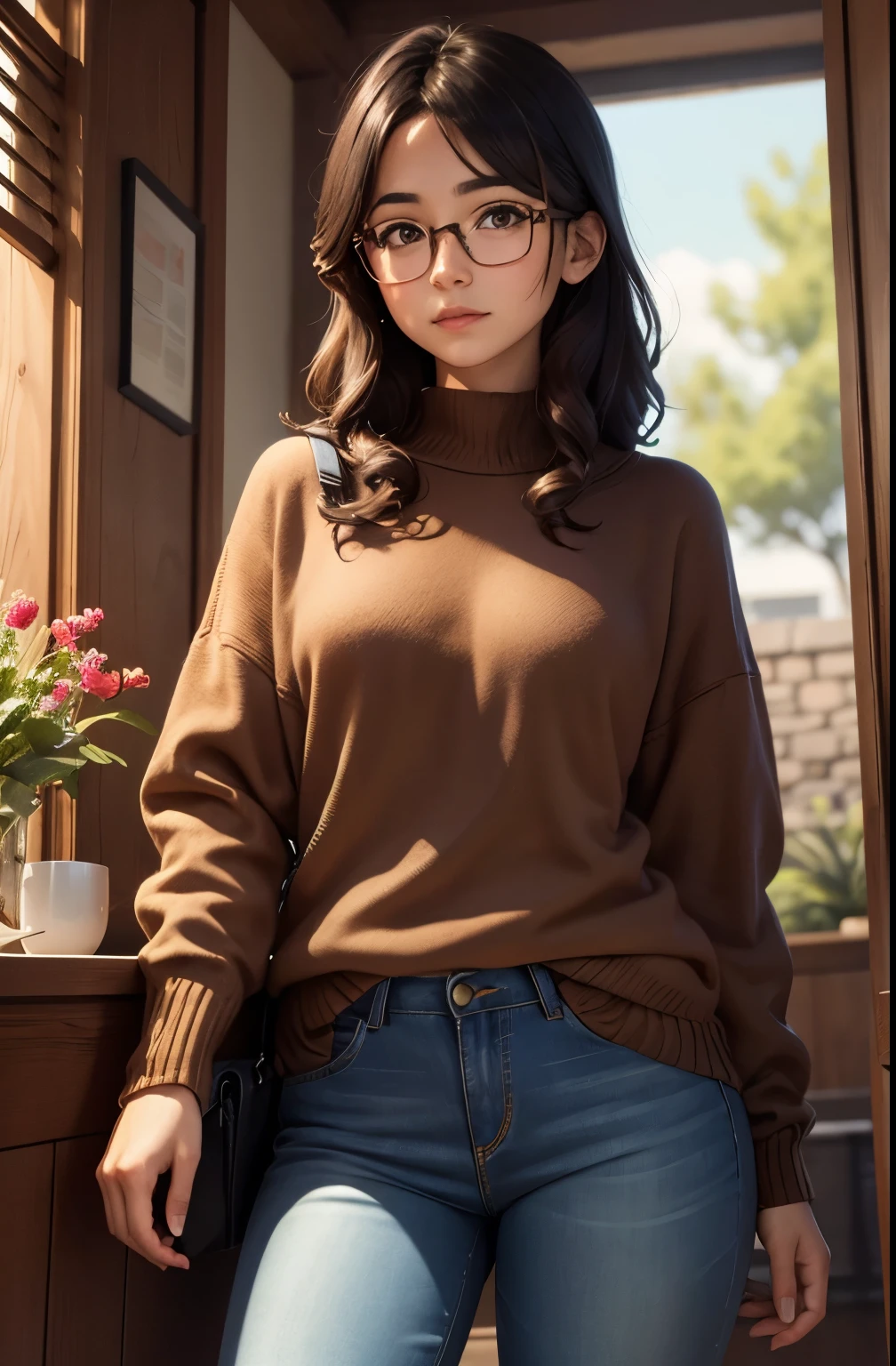 boy((Glasses,brown eyes,dark hair color,sweater,jeans))China,Stands by the Pond,Looks at Rybok,Red Fish,lilies,Arch and Stone Tile,ultra detail, top quality,masterpiece,bright colors, Wallpaper 8K,