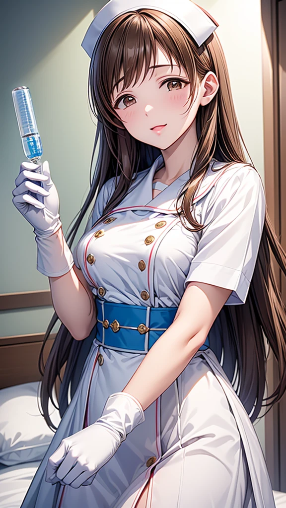 Highest quality、high resolution、High definition、HD、((hospital、Hospital room、Holding an extra-large enema syringe with both hands))、(Nitta Minami、Long Hair、Medium chest、Brown Hair、Brown eyes、Glossy lips、Glowing Skin、Realistic skin texture、(White nurse uniform、gloves))、Staring at me、Love me、blush、(Laughing with your mouth open)、(Very close to me)