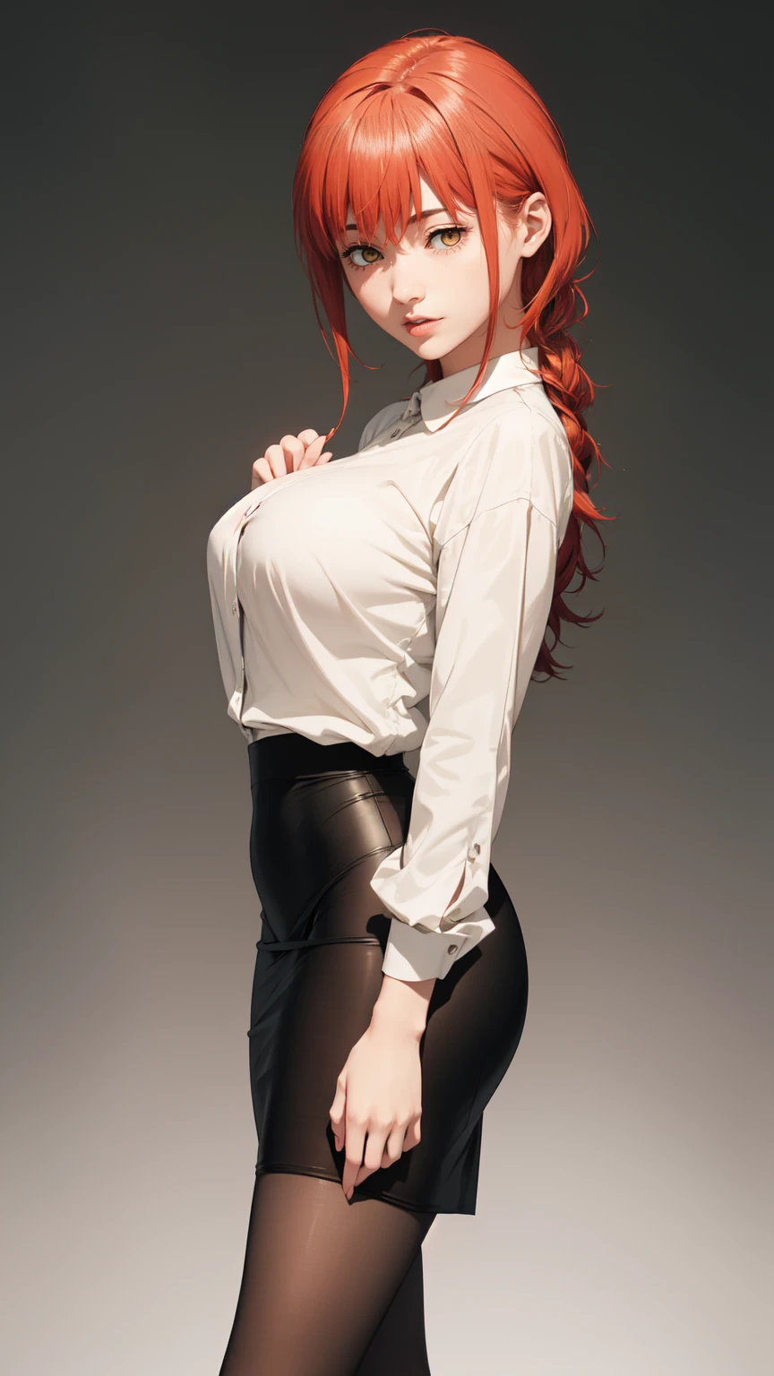 ((masterpiece, Best Quality, high resolution, Perfect Pixel, 8K)), 1 girl、sensual thighs、 (Red gorgeous hair)、Beautiful eyelashes、Detailed face、Smooth texture, Realistic texture, Photorealistic, Anime CG style、(Wearing White Shirt、pencil skirt、Indigo Pantyhose、standing、Sexy legs、Wooden Background) look at the viewer、medium breasts、High quality、ultra high definition、 detailed face、ultra high clarity、curvacious body、best image quality、ultra high resolution、seductive、dynamic lightning、((medium shot))、professional photograph