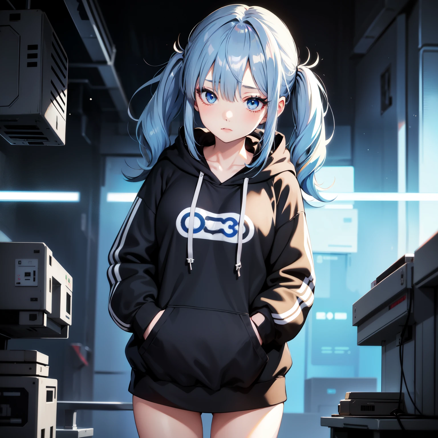 One girl ,Anime Style, masterpiece ,Ultra-fine resolution, complicated ,  Straight , Complicated quality and health , blue Hair, blue Eyes, Twin tails,Long Hair, , Blue circles under the eyes , Tired look , Half closed eyes , shy, Glitch、plain black hoodie