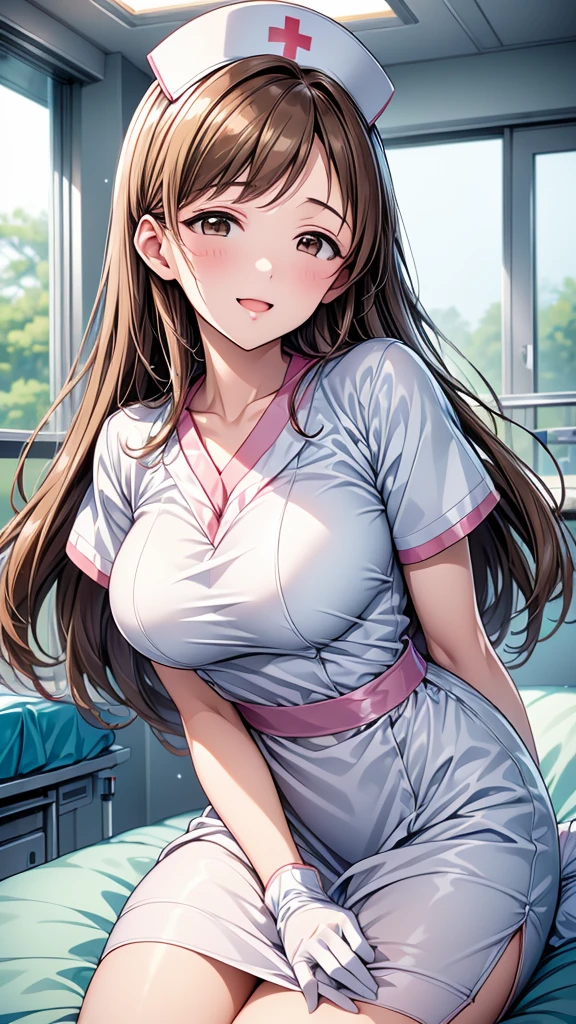 Highest quality、high resolution、High definition、HD、((hospital、Hospital room、Grasping an erect penis))、(Nitta Minami、Long Hair、Medium chest、Brown Hair、Brown eyes、Glossy lips、Glowing Skin、Realistic skin texture、(White nurse uniform、gloves))、Staring at me、Love me、blush、(Laughing with your mouth open)、(Very close to me)