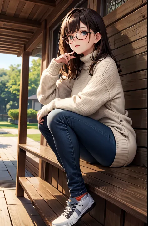 guy 1((glasses,brown eyes,dark hair color,sweater,jeans))china,stands by the pond,looks at rybok,red fish,lilies,arch and stone ...