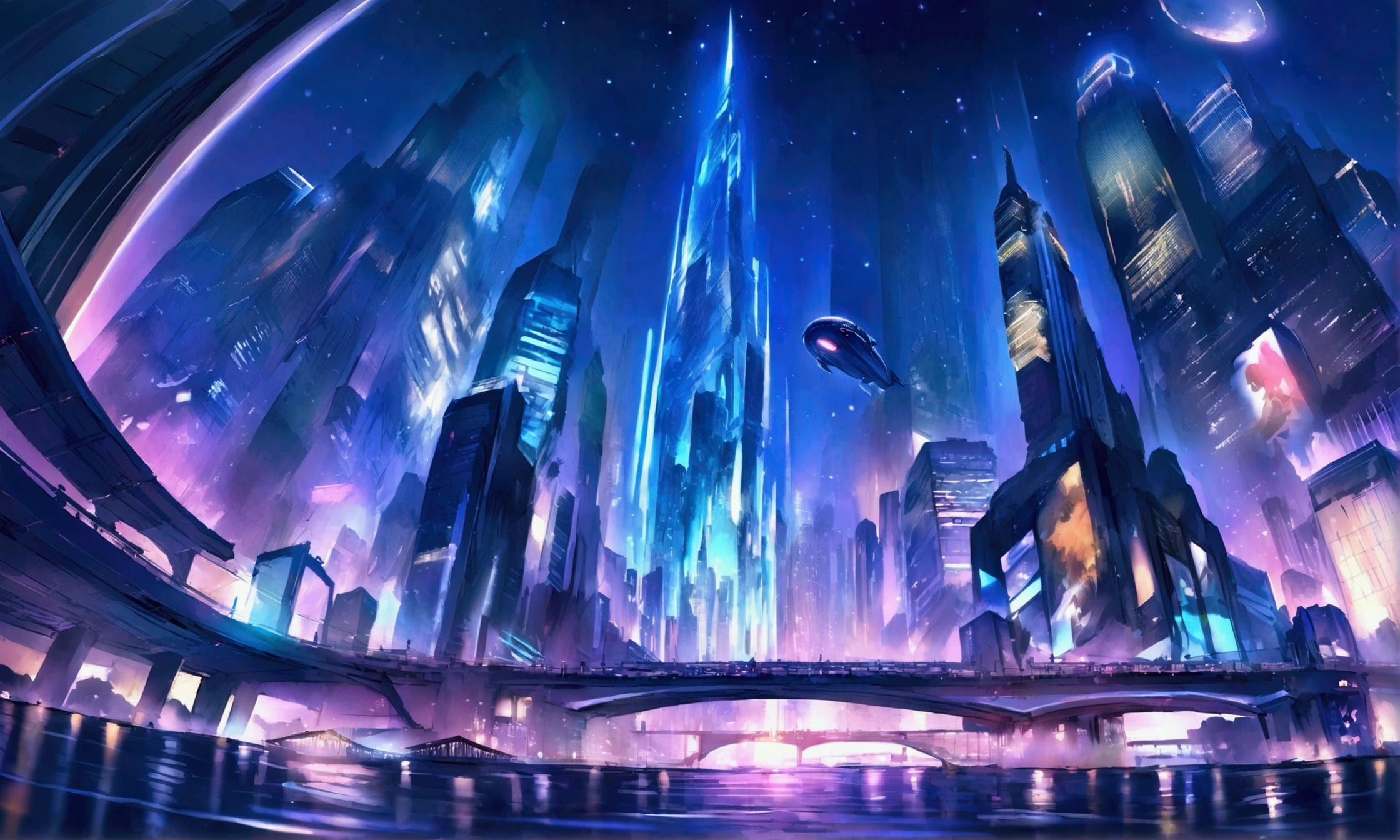 high resolution,sf,８０Era anime painting,A reborn metropolis.Night Sky.Sparkling night view.bridge.new york in the future.Airship in the air.Skyscraper district.Tower