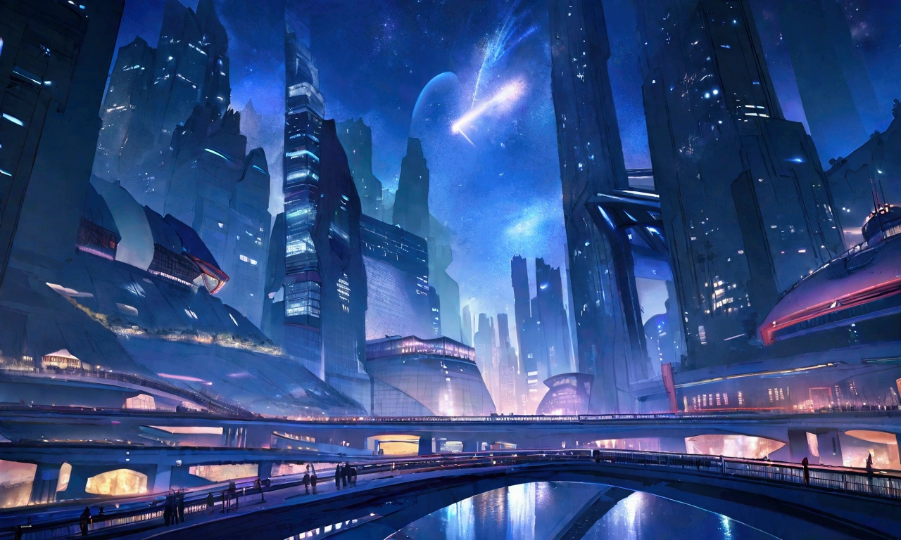 high resolution,sf,８０Era anime painting,A reborn metropolis.Night Sky.Sparkling night view.bridge.new york in the future.Airship in the air.Skyscraper district.Tower