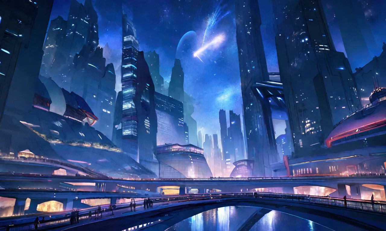 high resolution,sf,８０Era anime painting,A reborn metropolis.Night Sky.Sparkling night view.bridge.new york in the future.Airship...