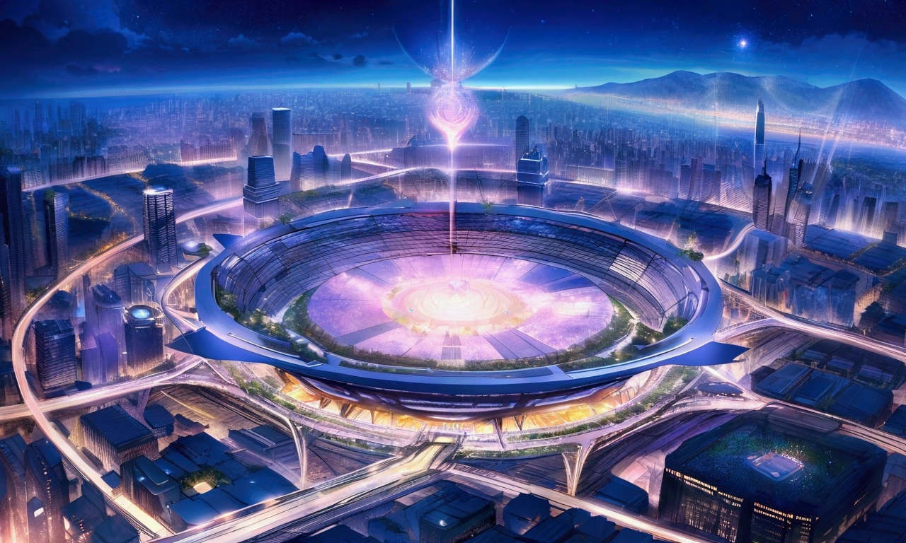 Highest quality,high resolution,sf,８０Era anime painting,A reborn metropolis.Night Sky.Sparkling night view.bridge.new york in the future.Airship in the air.Skyscraper district.Huge stadium