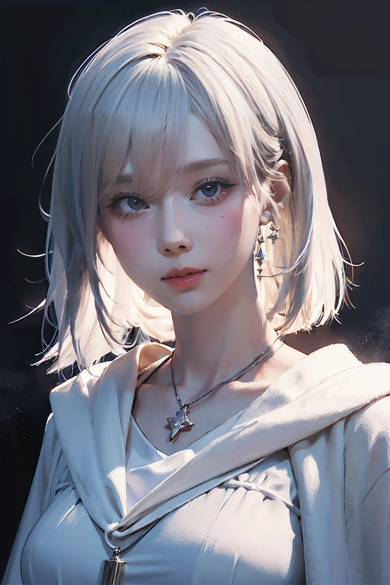 Close-up of a woman with tattoos on her chest, girl, Short white hair with bangs, Black strands of hair, Purple eyes, White T-shirt and white cape, Pendant around the neck. 超High resolution.Photorealistic. 超High resolution.Photorealistic:1.4,超High resolution. Realistic，High resolutionで, masterpiece, Highest quality, Very detailed, Better Shadows, Volumetric lighting), super high quality, High resolution, 8k, 超Realisticな肖像画 , Photorealistic, Dynamic Lighting, Volumetric lighting, Very detailed顔