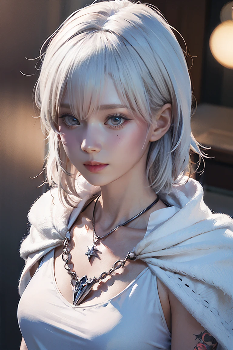 Close-up of a woman with tattoos on her chest, girl, Short white hair with bangs, Black strands of hair, Purple eyes, White T-shirt and white cape, Pendant around the neck. 超High resolution.Photorealistic. 超High resolution.Photorealistic:1.4,超High resolution. Realistic，High resolutionで, masterpiece, Highest quality, Very detailed, Better Shadows, Volumetric lighting), super high quality, High resolution, 8k, 超Realisticな肖像画 , Photorealistic, Dynamic Lighting, Volumetric lighting, Very detailed顔