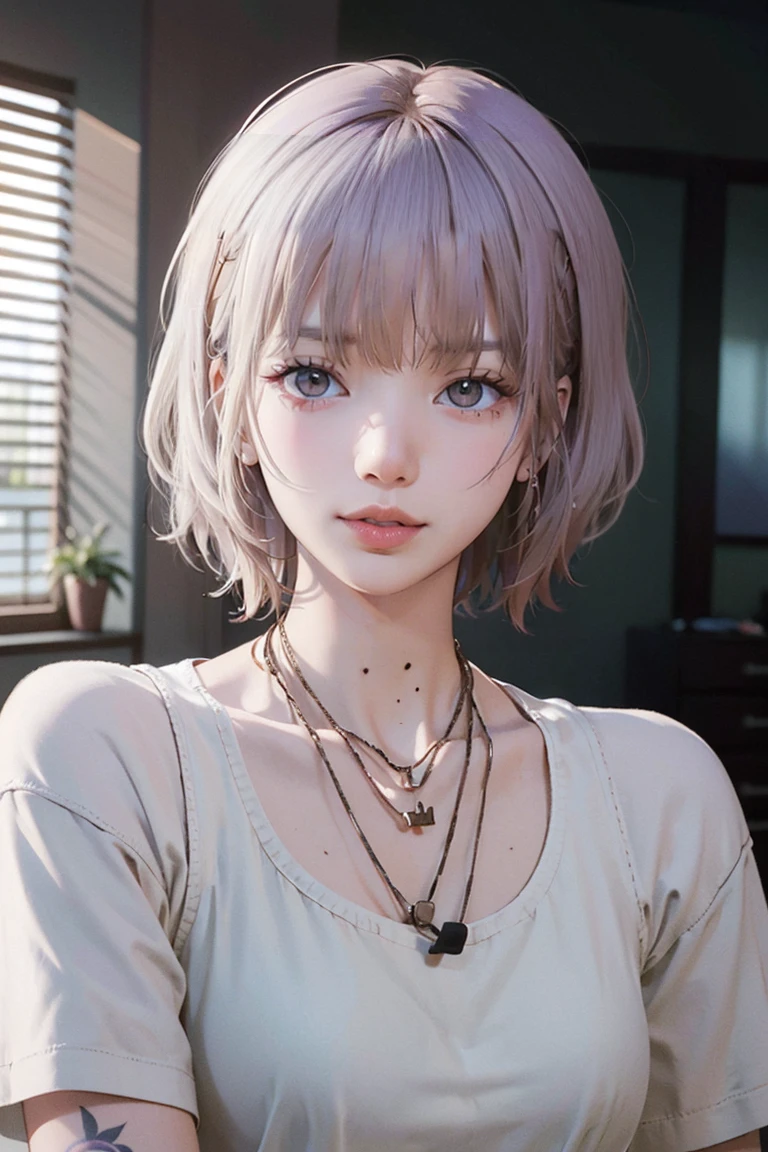 Close-up of a woman with tattoos on her chest, girl, Short white hair with bangs, Black strands of hair, Purple eyes, White T-shirt and white cape, Pendant around the neck. 超High resolution.Photorealistic. 超High resolution.Photorealistic:1.4,超High resolution. Realistic，High resolutionで, masterpiece, Highest quality, Very detailed, Better Shadows, Volumetric lighting), super high quality, High resolution, 8k, 超Realisticな肖像画 , Photorealistic, Dynamic Lighting, Volumetric lighting, Very detailed顔