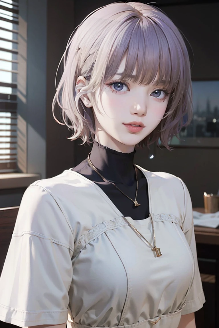 Close-up of a woman with tattoos on her chest, girl, Short white hair with bangs, Black strands of hair, Purple eyes, White T-shirt and white cape, Pendant around the neck. 超High resolution.Photorealistic. 超High resolution.Photorealistic:1.4,超High resolution. Realistic，High resolutionで, masterpiece, Highest quality, Very detailed, Better Shadows, Volumetric lighting), super high quality, High resolution, 8k, 超Realisticな肖像画 , Photorealistic, Dynamic Lighting, Volumetric lighting, Very detailed顔