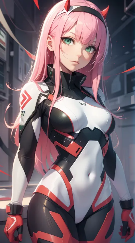 zerotwo, zero two, (green eyes:1.5), hairband, horns, long hair, pink hair, red horns, white hairband,
BREAK bodysuit, covered n...