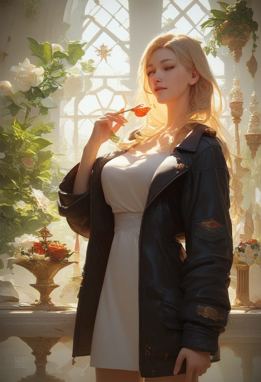 Furina, 1 woman,masterpiece, (8k, best quality, masterpiece:1.2),very detailed,very detailed,master class,best quality,illustration,hair_~ between_eye,perfect lighting, cowboy shot, Resume 16,black jacket