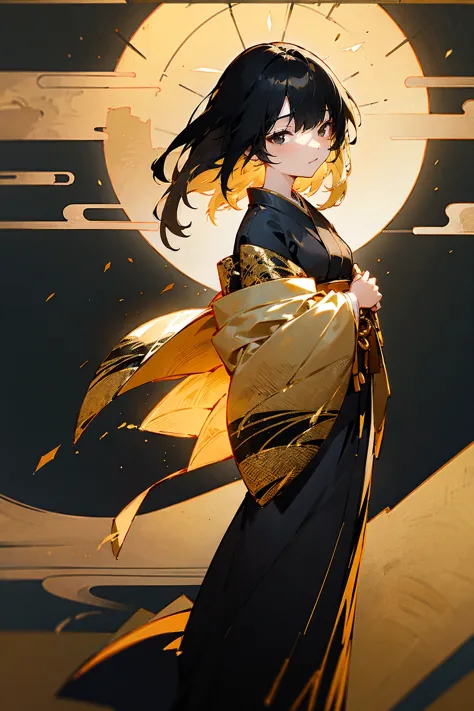 1female, black hair, blonde hair, ombre hair, black eyes, black and gold laced yukata, japanese lantern background, calm express...