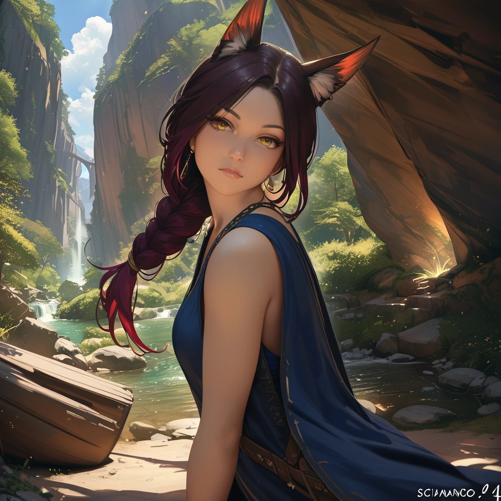 ((Xaya)), animal ears, yellow eyes, stunning, hair over shoulder, sleeveless, peasant's_tunic, hoodless, beautiful, 4k, high_definition, detailed, explorer, adventurous, fantasy ((detailed_lighting)), ((by sciamano240))