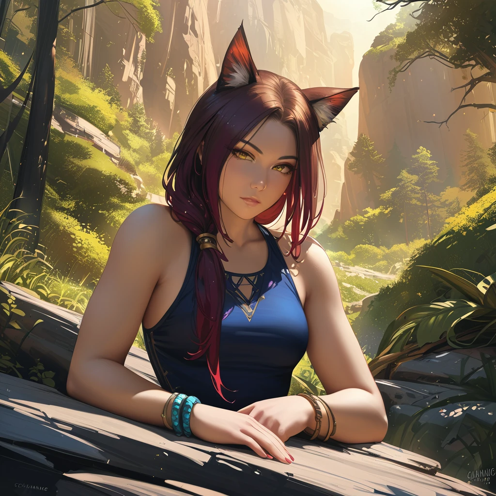 ((Xaya)), animal ears, yellow eyes, stunning, hair over shoulder, sleeveless, peasant's_tunic, hoodless, beautiful, 4k, high_definition, detailed, explorer, adventurous, fantasy ((detailed_lighting)), ((by sciamano240))