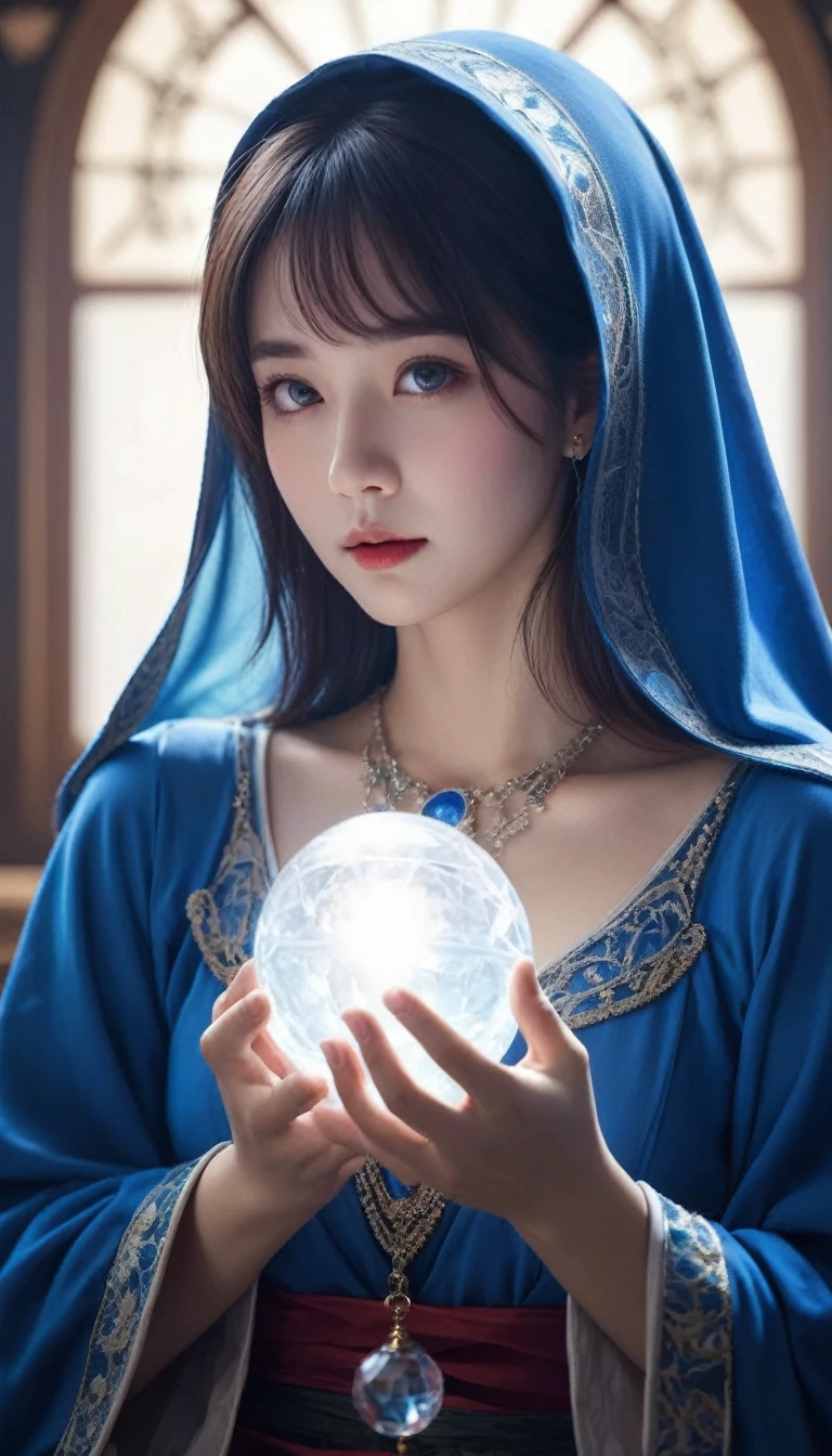 Overall body orientation: front. Female fortune teller. Charm, Beautiful and mysterious. She has a blue cape on her head、The face is clear。. The background is bright and sparkling. The atmosphere is filled with anxiety and anticipation.. The fortune teller is standing. He has a crystal ball in each hand. The lighting in the room is bright, Create a fantastic atmosphere. Best image quality, 4K or 8K resolution. Extremely fine detail、It&#39;s as real as a photo. Artistic style is、It should reflect the formula&#39;s aesthetic with bright colors and strong contrast。. The color palette should emphasize the mysterious and mystical theme of the piece.. The fortune teller&#39;s cloak is decorated with metal ornaments and intricate designs., Thickness ratio 1.5. The overall atmosphere is wonderful and fantastic. The fortune teller&#39;s facial expression should evoke mystical interest.. There is no one there except the fortune teller.