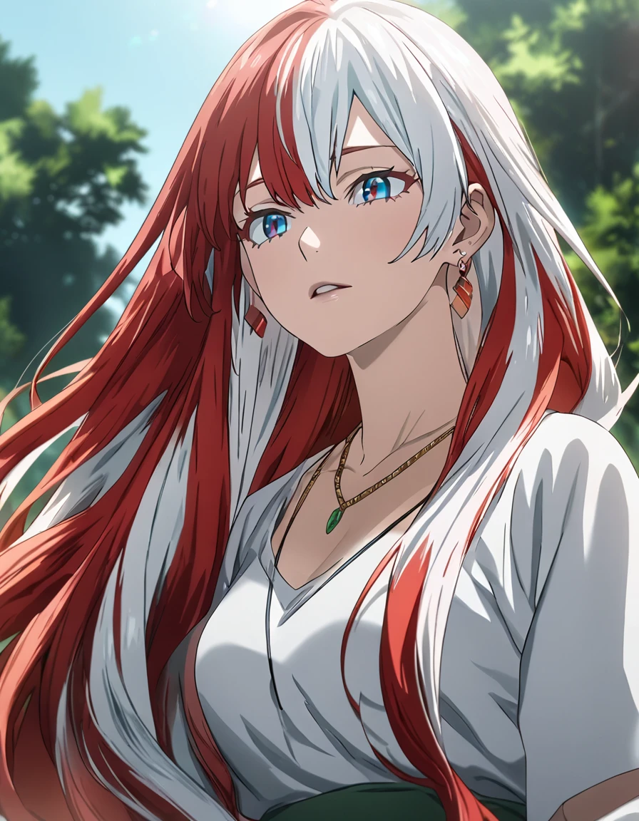 1girl, Todoroki Shoto, My hero academia anime screencap, anime screencap, solo, ((very long_hair, multi colour hair : Red colour hair on right side and White colour hair on left side)) (wavy hair, thick hair)), (( wearing white shirt with green button and green skirt)), ((Blue Eyes)), ((hanging breast)) smile,parted lips looking_at_viewer, upper body, Outdoor, Sunny , bangs, upper body, eyelashes, breast ((Blue eyes)) ((very long hair, multi colour hair :-(( Red colour hair on right side and White colour hair on left side))  ((earrings)) ((necklace)) ((hd quality)) ((high resolution)) ((good quality)) ((hd quality image)) 