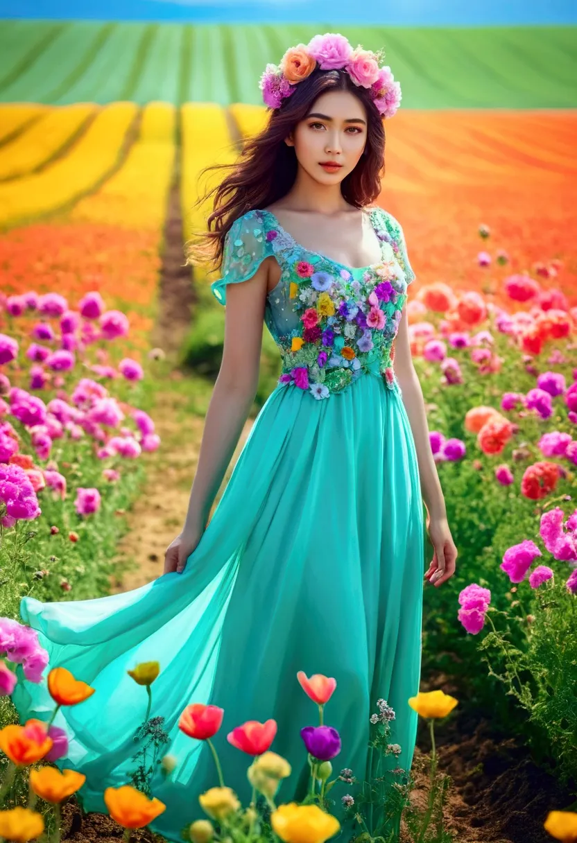 araped woman wearing a dress and standing in a flower field, gorgeous rich fantasy clothing, bright and soft colors, chassis, co...