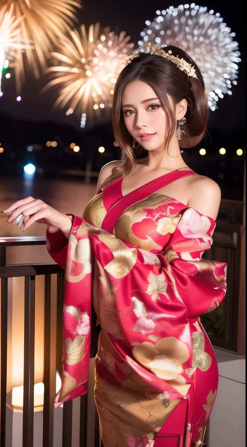 ((masterpiece(:1.4)，Highest quality，Ultra-high resolution，Highest quality，8k，Extremely detailed，In detail))。night，Fireworks display，Japanese，A beautiful woman，slim，Large Breasts(1.6)，sexy，glamorous，Flashy gal makeup，Red light district，Oiran，Prostitute，Long-sleeved kimono，Uchikake，Gold brocade，Sunny clothes，Hair tying，hairpin，hair ornaments，geta，Oiran道中，Gorgeous and luxurious，(Fireworks displayのnightに河川敷で花火を背景にしたスナップ写真)，Accentuate your chest，Show your shoulderove the dress up to the shoulders，