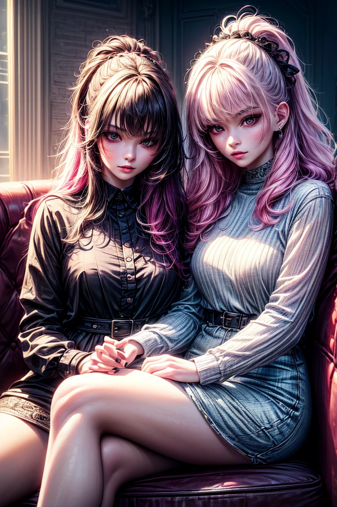 2 beautiful girls on couch, 1 sister with long black hair in formal attire, expressionless, 1 sister with pink hair in casual outfit, alluring expression, (best quality, 8k, highres, masterpiece:1.2), (ultra-detailed, photorealistic:1.37), dramatic lighting, warm color tones, elegant decorative interior, intricate textures, dramatic atmosphere, cinematic composition