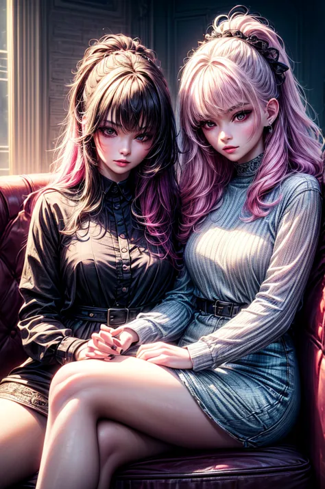 2 beautiful girls on couch, 1 sister with long black hair in formal attire, expressionless, 1 sister with pink hair in casual ou...