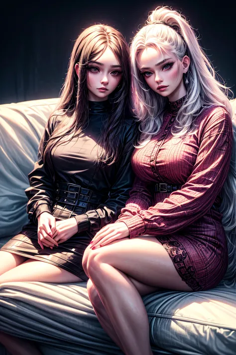 2 beautiful girls on couch, 1 sister with long black hair in formal attire, expressionless, 1 sister with pink hair in casual ou...