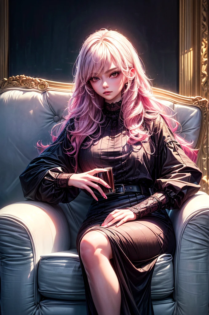 2 beautiful girls on couch, 1 sister with long black hair in formal attire, expressionless, 1 sister with pink hair in casual outfit, alluring expression, (best quality, 8k, highres, masterpiece:1.2), (ultra-detailed, photorealistic:1.37), dramatic lighting, warm color tones, elegant decorative interior, intricate textures, dramatic atmosphere, cinematic composition