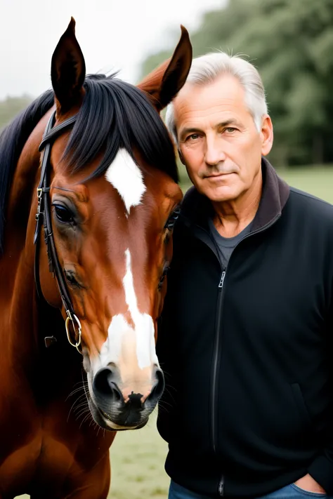 A 60 year old guy with a gentle, gentle face and dark eyes is posing for a photo with his horse, the horse's head in his hand, looking towards the camera, the image is surreal and clear.