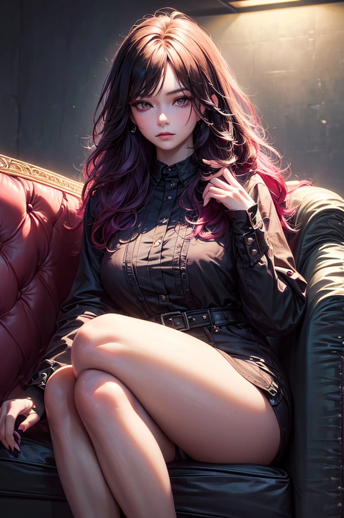 2 beautiful girls on couch, 1 sister with long black hair in formal attire, expressionless, 1 sister with pink hair in casual outfit, alluring expression, (best quality, 8k, highres, masterpiece:1.2), (ultra-detailed, photorealistic:1.37), dramatic lighting, warm color tones, elegant decorative interior, intricate textures, dramatic atmosphere, cinematic composition