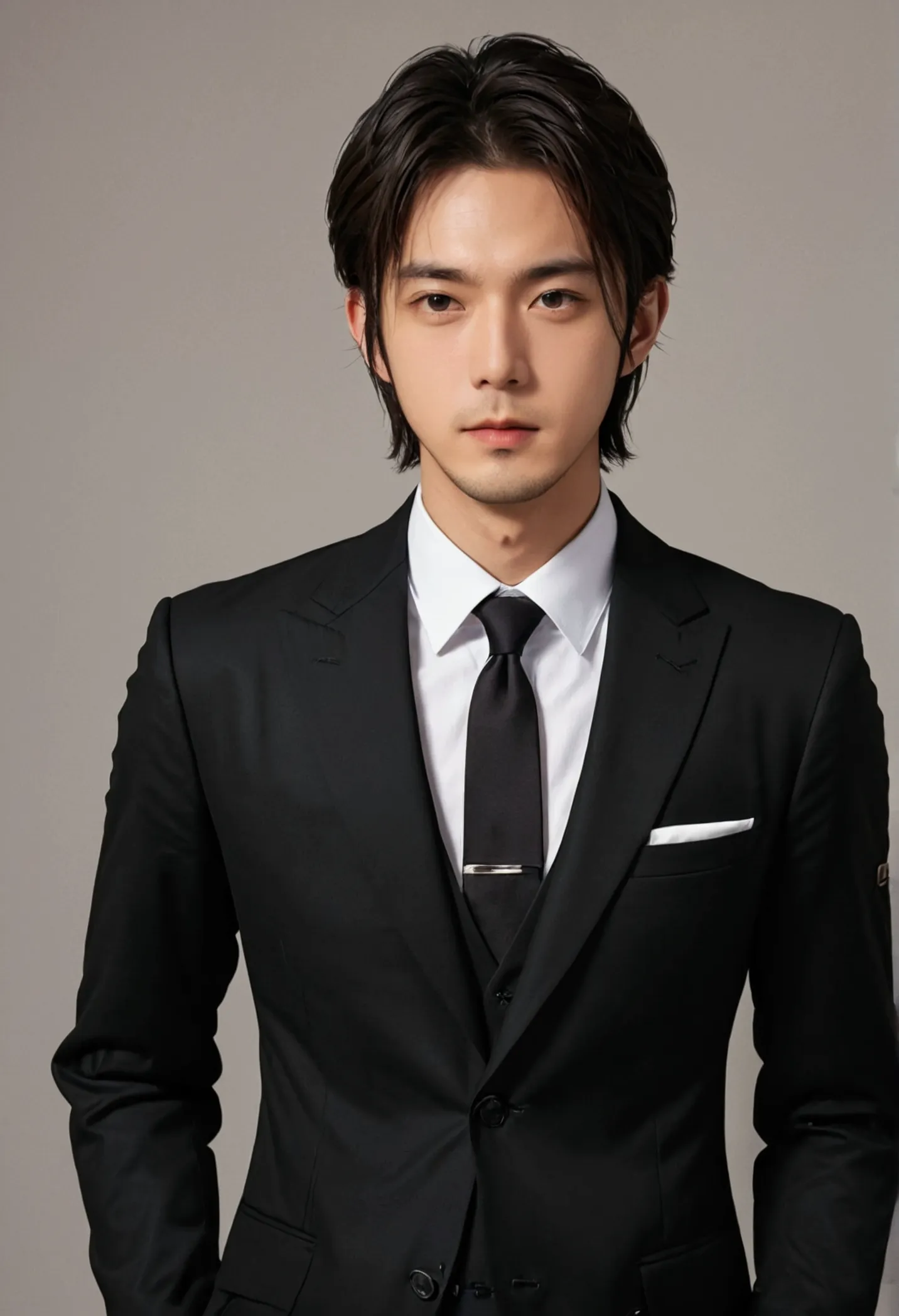 Dark brown suit、　30-year-old handsome employee、Neat hair.It is not advisable to cut the beard short.No beard.　（Super handsome S-...