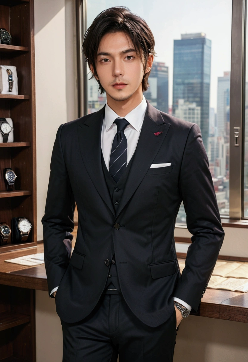 Dark brown suit、　30-year-old handsome employee、Neat hair.It is not advisable to cut the beard short.No beard.　（Super handsome S-class suit man）、　Japanese 30-year-old man、　merchant、　Super Deluxe Set、　office、　Put on a suit and stand upＳYoung handsome man、　Full body portrait、　（CG Unity 8K High Detail Photos）、　（Very detailed的ＳThe most handsome boy in the class）、　（The photos are real）、　　（（Top quality））、　Very detailed、　（masterpiece）、　Ultra-high quality、　High target、　audience、　gentleman、　Very beautiful hair、　short hair、　Bright photos、　Handsome as a model、　Handsome as an idol、　Luxury watches、　Cool Zone、　Japanese