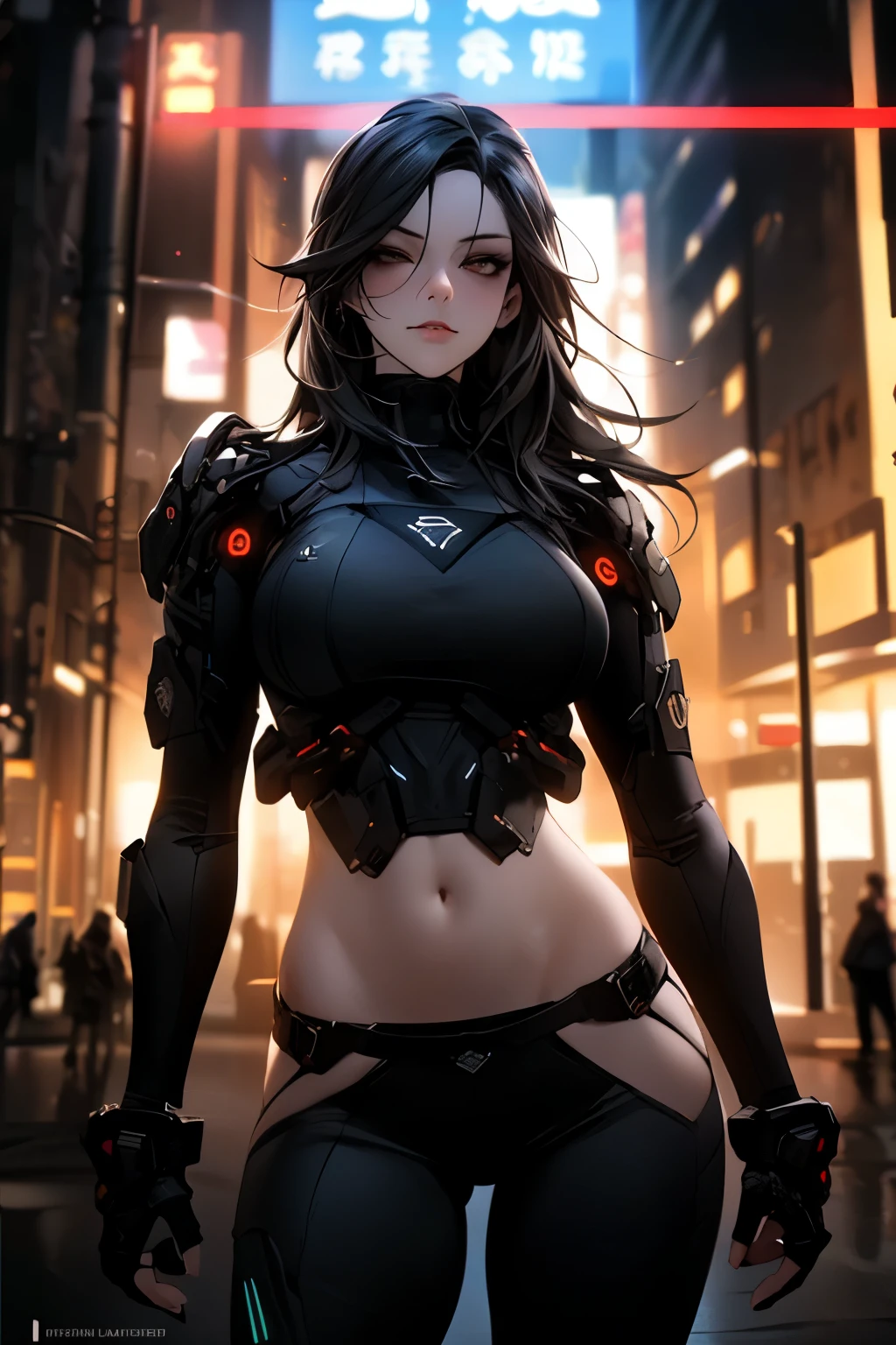 ((best quality)), ((Masterpiece)), (details:1.4), 3d, Image of a beautiful cyberpunk woman., HDR (high dynamic range), mature woman, Long hair, black hair, white eyes, Cyber Samurai, PBR surface, After processing, Anisotropic filtration,depth of field, Maximum clarity and clarity, multi-layered surface, perfect proportions, 8K raw files, cyberpunk, at night, ผมหลายชั้น, กระโปรงสั้น, natural lighting, soft lighting, sunlight, หน้าอกใหญ่, hips up, Street cyber city