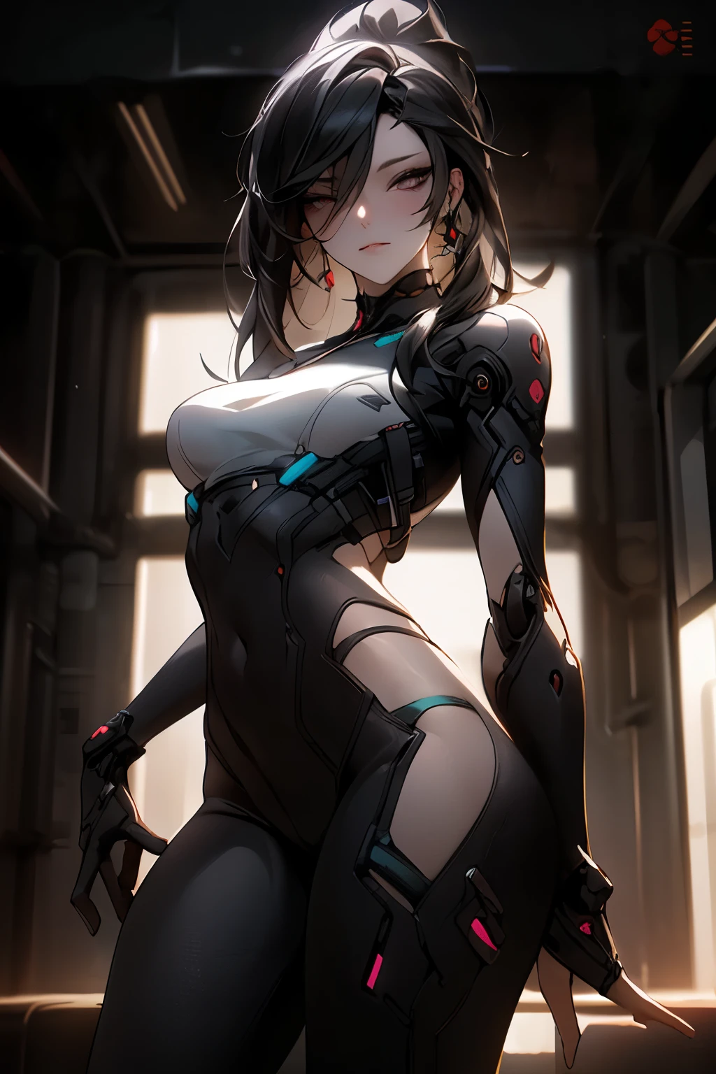 ((best quality)), ((Masterpiece)), (details:1.4), 3d, Image of a beautiful cyberpunk woman., HDR (high dynamic range), mature woman, Long hair, black hair, white eyes, Cyber Samurai, PBR surface, After processing, Anisotropic filtration,depth of field, Maximum clarity and clarity, multi-layered surface, perfect proportions, 8K raw files, cyberpunk, at night, ผมหลายชั้น, กระโปรงสั้น, natural lighting, soft lighting, sunlight, หน้าอกใหญ่, hips up, cyber city