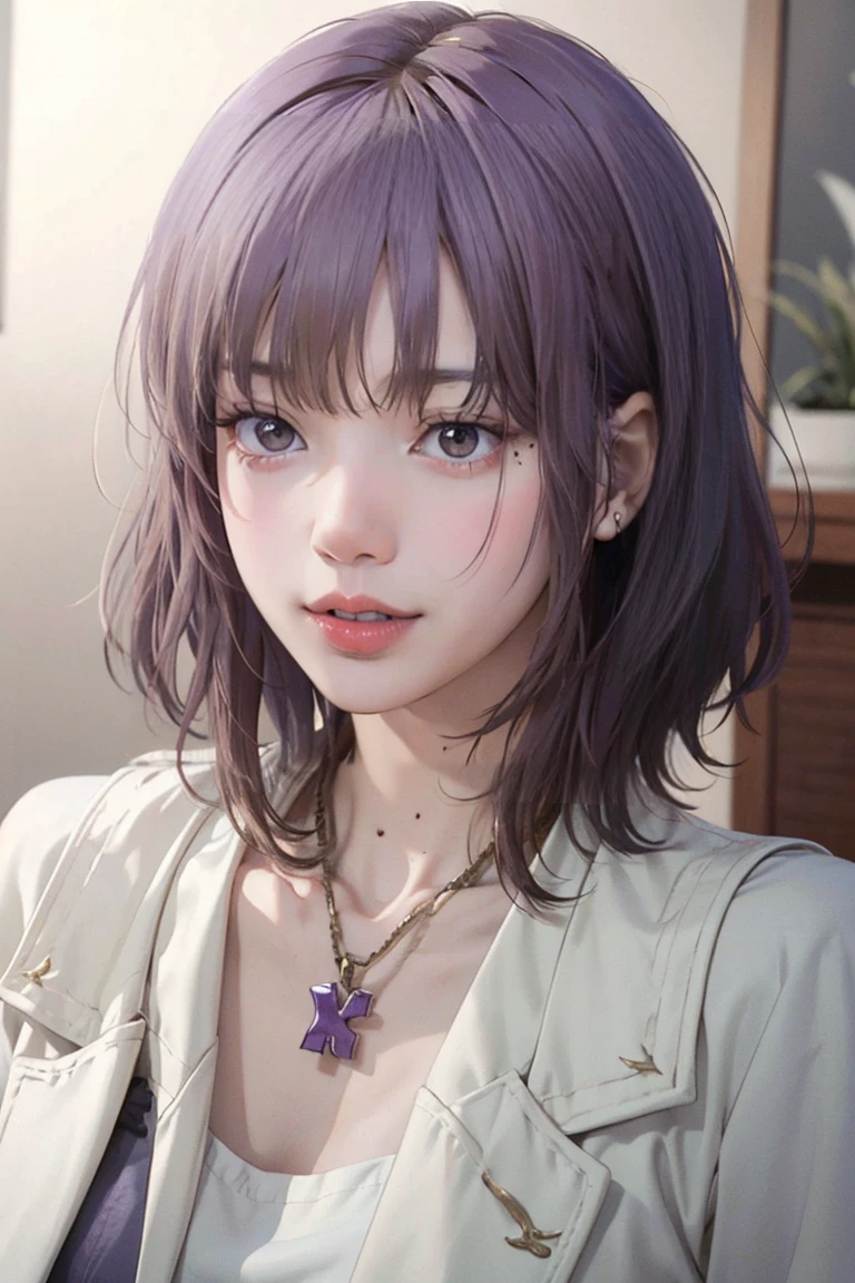 Close-up of a woman with tattoos on her chest, girl, Short white hair with bangs, Black strands of hair, Purple eyes, White T-shirt and white cape, Pendant around the neck. 超High resolution.Realistic. 超High resolution.Realistic:1.4,超High resolution. Realistic，High resolutionで, masterpiece, Highest quality, Very detailed, Better Shadows, Volumetric lighting), super high quality, High resolution, 8k, 超Realisticな肖像画 , Realistic, Dynamic Lighting, Volumetric lighting, Very detailed顔,(Browsing Caution:0.8)