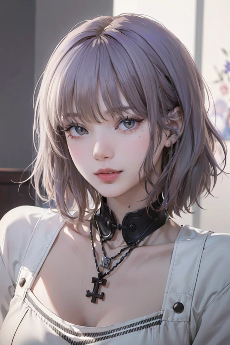 Close-up of a woman with tattoos on her chest, girl, Short white hair with bangs, Black strands of hair, Purple eyes, White T-shirt and white cape, Pendant around the neck. 超High resolution.Realistic. 超High resolution.Realistic:1.4,超High resolution. Realistic，High resolutionで, masterpiece, Highest quality, Very detailed, Better Shadows, Volumetric lighting), super high quality, High resolution, 8k, 超Realisticな肖像画 , Realistic, Dynamic Lighting, Volumetric lighting, Very detailed顔,(Browsing Caution:0.8)