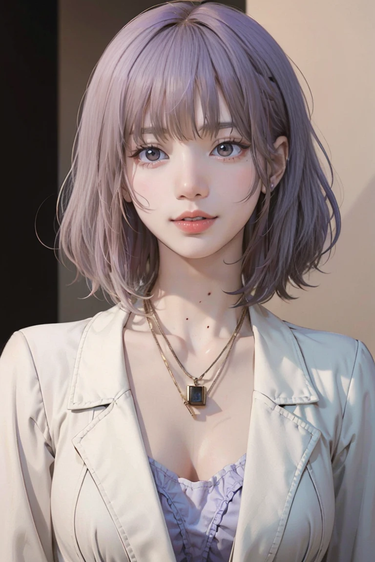 Close-up of a woman with tattoos on her chest, girl, Short white hair with bangs, Black strands of hair, Purple eyes, White T-shirt and white cape, Pendant around the neck. 超High resolution.Realistic. 超High resolution.Realistic:1.4,超High resolution. Realistic，High resolutionで, masterpiece, Highest quality, Very detailed, Better Shadows, Volumetric lighting), super high quality, High resolution, 8k, 超Realisticな肖像画 , Realistic, Dynamic Lighting, Volumetric lighting, Very detailed顔,(Browsing Caution:0.8)