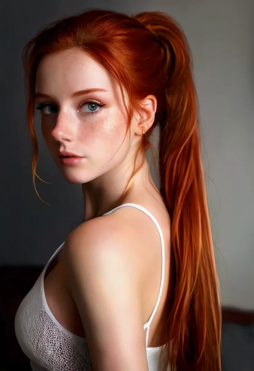 Redhead woman with long hair and white t-shirt, redhead girl, Orange peel and long fiery hair., beautiful realistic photo, beaut...