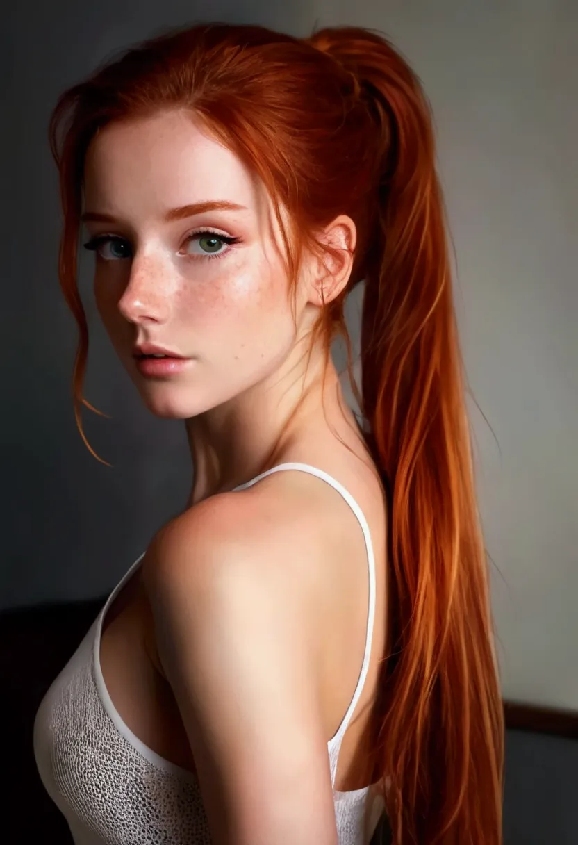 Redhead woman with long hair and white t-shirt, redhead girl, Orange peel and long fiery hair., beautiful realistic photo, beaut...