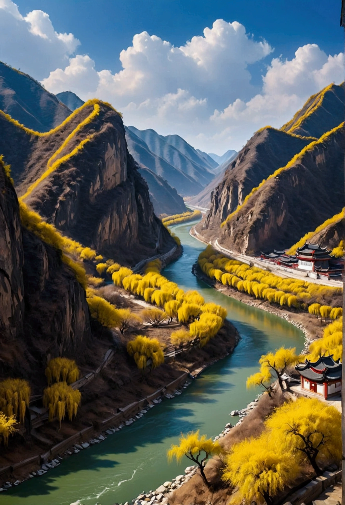 Far above the Yellow River among the white clouds.An isolated city in Wanren Mountain.Why should the Qiang flute blame the willow?.The spring breeze does not pass through Yumen Pass.