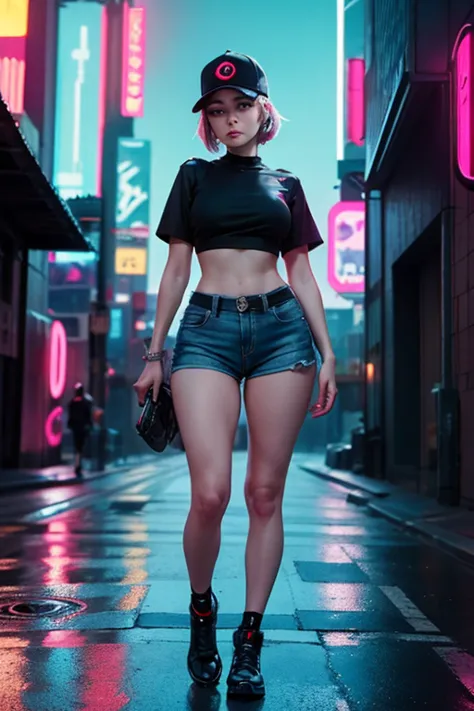 araffe woman wearing baseball cap and shorts posing for a photo, cyberpunk art by russell dongjun lu, trending on society, stree...