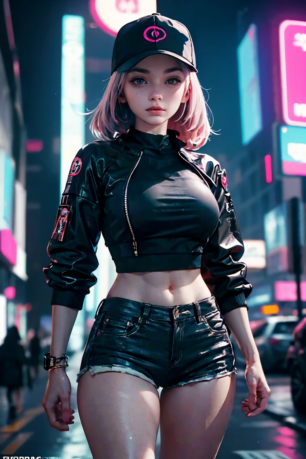 Araffe woman wearing baseball cap and shorts posing for a photo, cyberpunk art by Russell Dongjun Lu, trending on society, Street art, cyberpunk streetwear, 🌺 society, cyberpunk 2 0 years. o model girl, in the cyberpunk city, It has cyberpunk style, [ trending on society ]!!, cyberpunk beautiful girl, cyberpunk atmosphere, cyberpunk girl